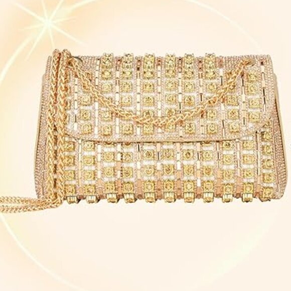 Neiman Marcus Gold Metallic Sparkling Rhinestone Clutch Purse